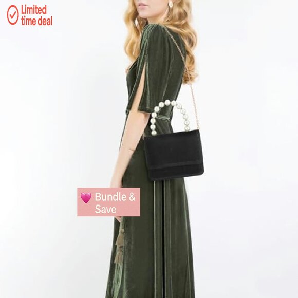 Velvet Evening Bag with Pearl Handle, Detachable Chain, Crossbody Clutch - Picture 3 of 7